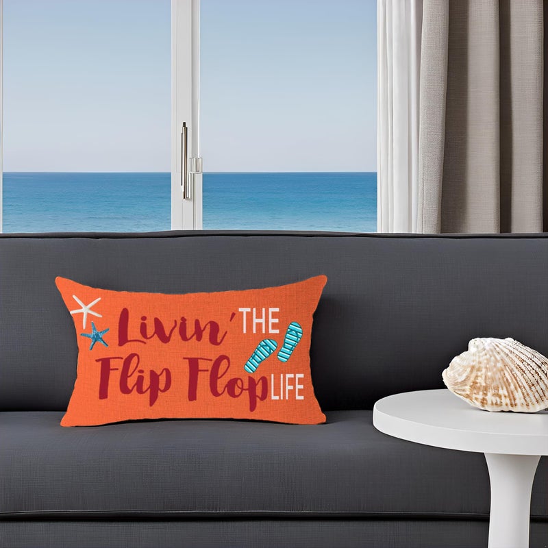FELENIW Livin' The Flip Flop Life Starfish Shell Fun Quote Gift for Beach Lake Camping Outdoor Throw Pillow Cover Cushion Case Cotton Linen Decorative Lumbar 12x20 inch - Image 2